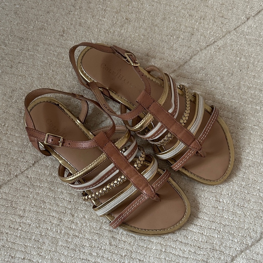 Cole Haan Tan and Gold Strappy Sandals